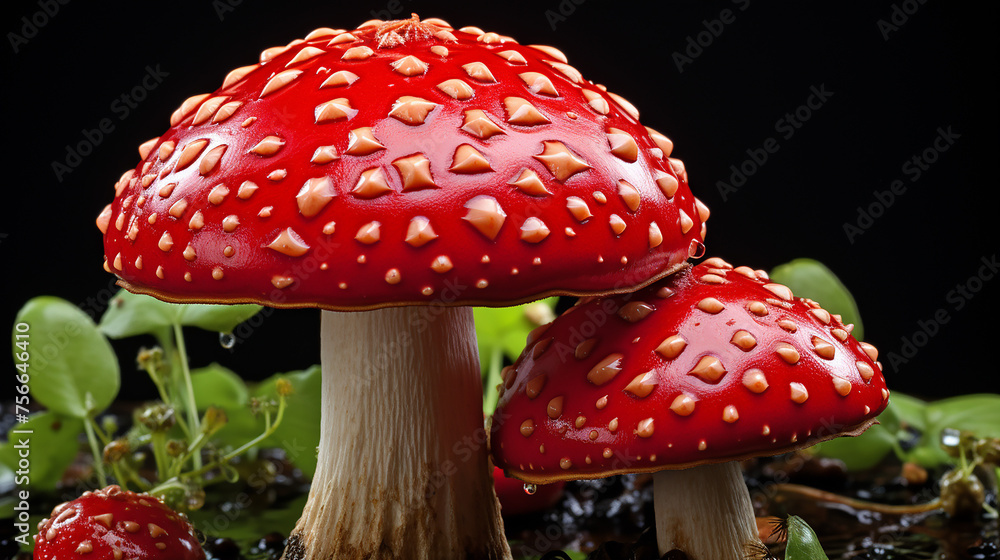 An Amanita muscaria mushroom on a black background, generative ai An Amanita muscaria mushroom on a black background, generative ai