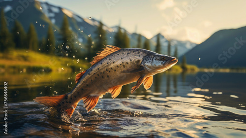Close up of fish rainbow trout jumping from the water with bursts in high mountain clean lake or river, at sunset or dawn, picturesque mountain summer landscape. Copy space. photo