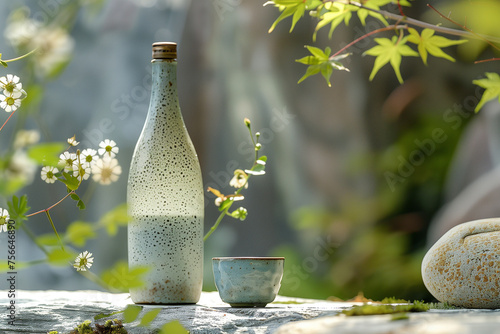 A tall sake bottle and a small sake cup next to it photo
