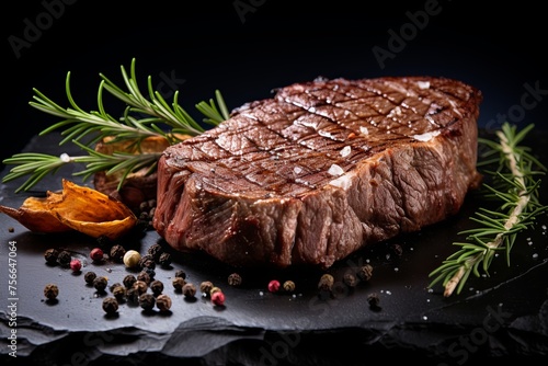Delicious grilled pork beef steaks sliced and Barbecue chuck beef ribs with chili and vegetables on dark background