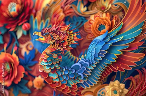 Иллюстрация сказочной 2D жар-птицы с  разноцветными узорами, цветочным дизайном,красочными крыльями 2 © Никита Филитов