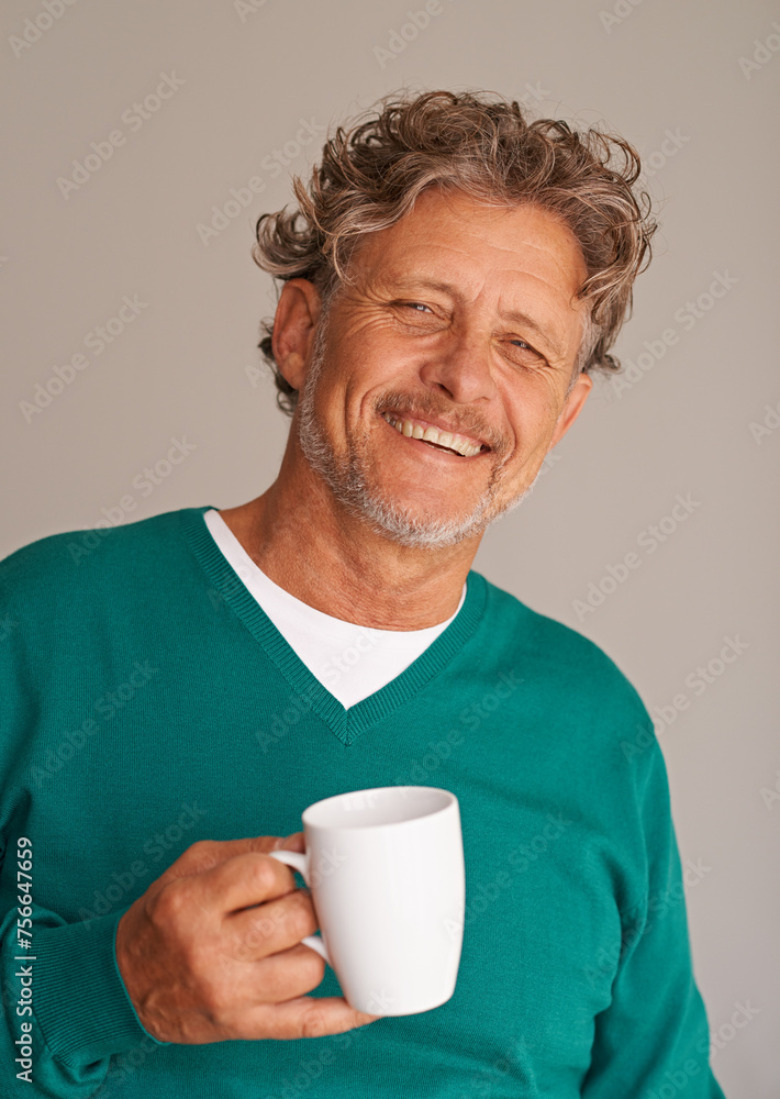 Mature man, coffee and portrait in studio with smile, confidence and excited for beverage by background. Person, senior model and happy with cappuccino, coco or latte with drink, fashion or tea cup Mature man, coffee and portrait in studio with smile, confidence and excited for beverage by background. Person, senior model and happy with cappuccino, coco or latte with drink, fashion or tea cup