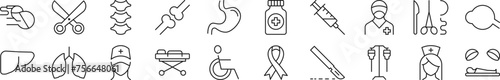 Collection of thin signs of surgeon. Editable stroke. Simple linear illustration for stores, shops, banners, design