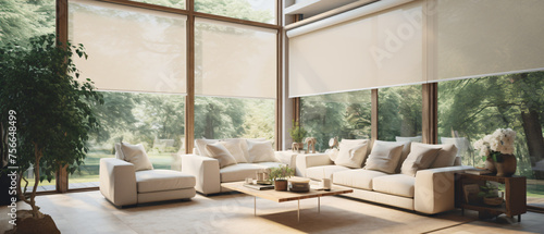 Automatic motorized roller shades in beige controlled