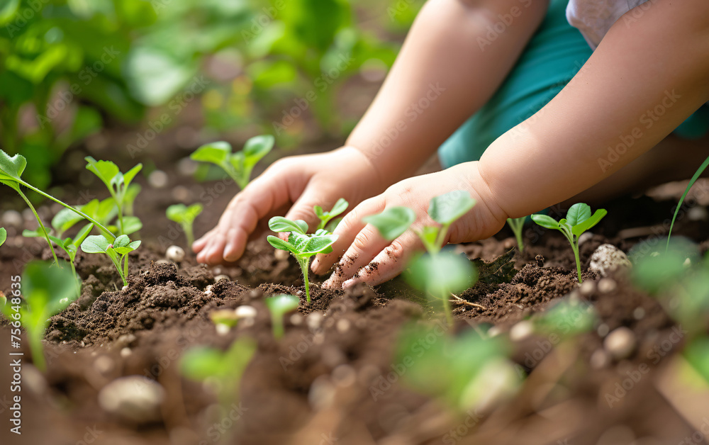 Close-up of a small child hands planting plants in the soil, gardening in the backyard, childhood in the village or on the farm Close-up of a small child hands planting plants in the soil, gardening in the backyard, childhood in the village or on the farm