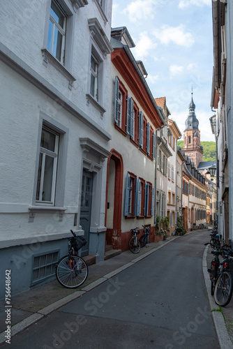 Heidelberg, Altstadt empty narrow street, Germany. German architecture. Parked bike. Vertical