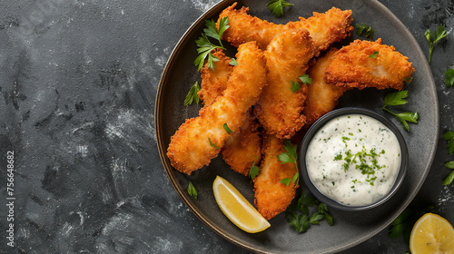 Golden and crispy chicken tenders served with a creamy herb dip on a rustic dark plate, perfect for a delicious snack or meal
