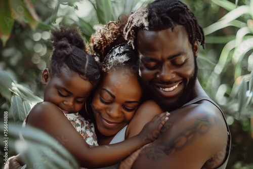 African-american parents hugging their daughter outside in in green tropical setting