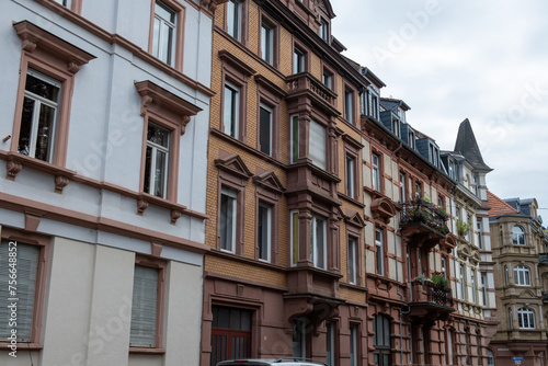 Heidelberg old town  Germany. Exterior of traditional impressive building. Cloudy sky. Under view