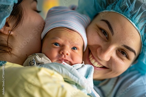 Two women in medical scrubs holding a newborn baby and smiling