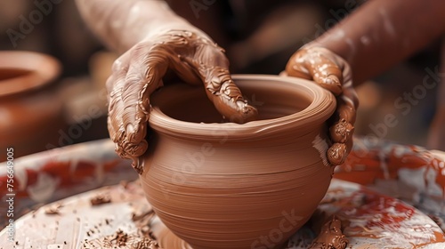 Potter hands making clay pot on wheel