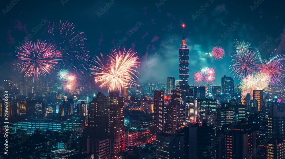 Naklejka premium The night sky above a bustling metropolis is alight with a stunning display of fireworks, reflecting the city's vibrant life and celebrations