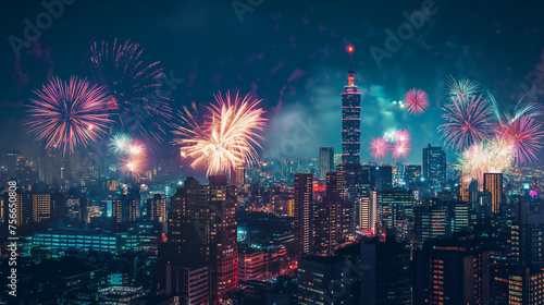 The night sky above a bustling metropolis is alight with a stunning display of fireworks, reflecting the city's vibrant life and celebrations