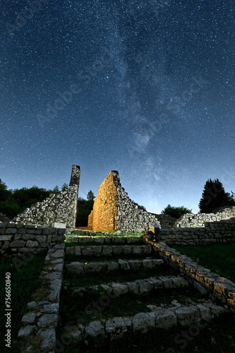 Peace Park on a starry night: vestiges of the Italian hospital of the Great War on Monte Zugna. Rovereto, Trentino, Italy.