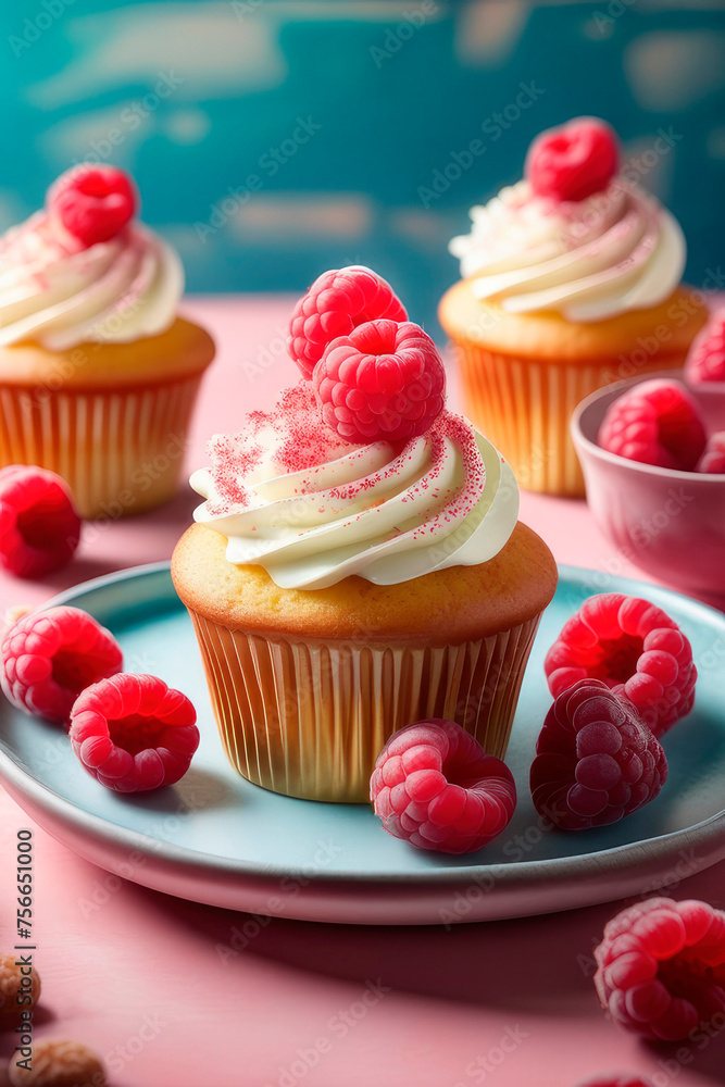 Vanilla raspberry cupcake with ligth cream topping garnished with berries.