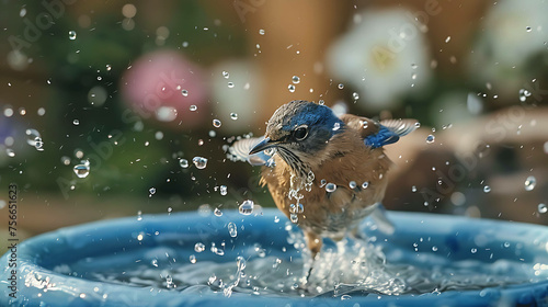 A beautiful blue bird is taking a bath in a blue birdbath. The water is splashing around the bird and creating a beautiful scene. © Huseyn