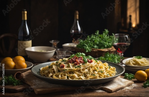 Pasta with meat, vegetables and wine