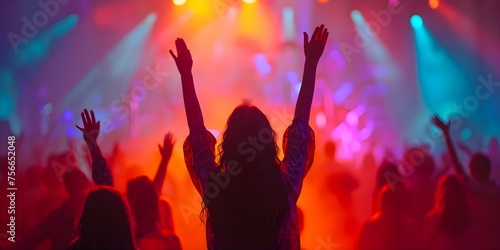 Worshipers in Christian faith concept raising hands in praise at nighttime music event. Concept Night-time Praise Worship, Christian Faith, Music Event, Raising Hands, Spiritual Celebration
