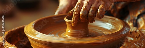 Potter hands closeup making clay vase from mud on turning wheel panoramic closeup.