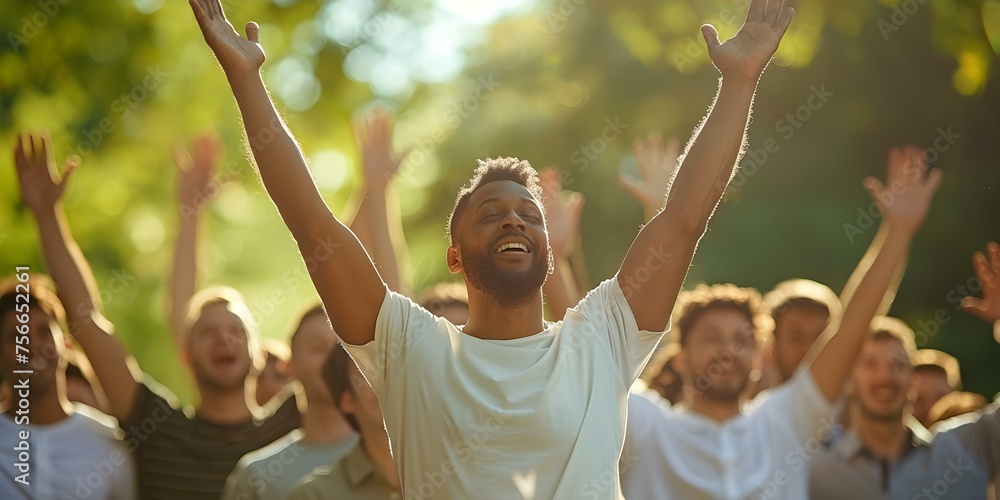 Group of men worshipping together outdoors with raised arms. Concept Brotherhood, Worship, Outdoors, Unity, Spirituality - obrazy, fototapety, plakaty 