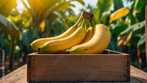 ripe banana in a wooden box in nature tropical fruit