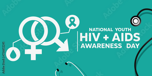 National Youth Hiv Aids Awareness Day. stestoscope, blood, ribbon, Female and male gender symbols. Great for cards, banners, posters, social media and more. 