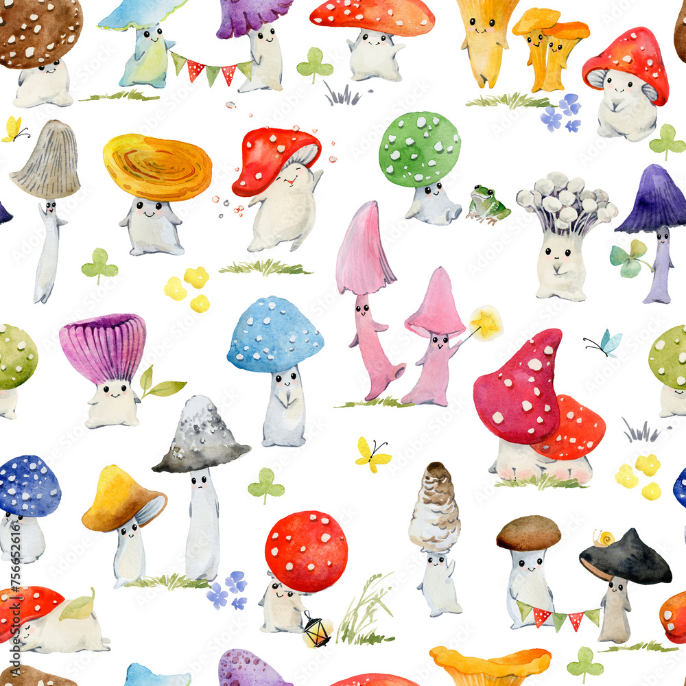 Hand Drawn Seamless Waterco Pattern with Cute Kawaii Mushrooms. Cute ...