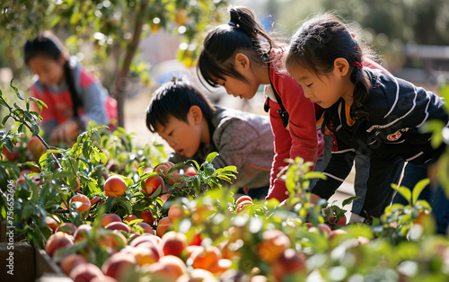 Diverse school children harvesting peaches in school orchard during gardening or botany lesson