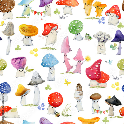 Hand Drawn Seamless Waterco Pattern with Cute Kawaii Mushrooms. Cute drawing doodle cartoon characters. Design for scrapbooking, paper goods, background, wallpaper, fabric 