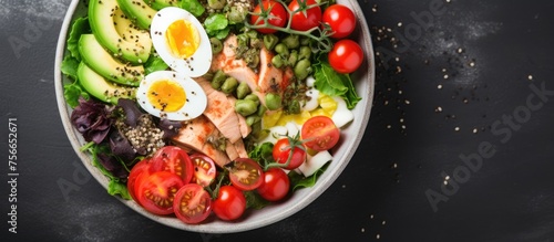 A delicious salad made with leaf vegetables, plum tomatoes, avocado, and salmon, served in a bowl on a table. A perfect combination of fresh ingredients for a healthy meal