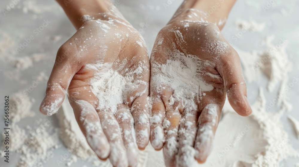 Fototapeta premium Close-up of hands sprinkled with flour during baking, capturing the joy of cooking