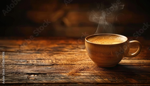 A steaming cup of coffee sits on a rustic wooden table