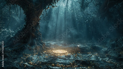 A beam of light breaking through the dense canopy of a dark ancient forest