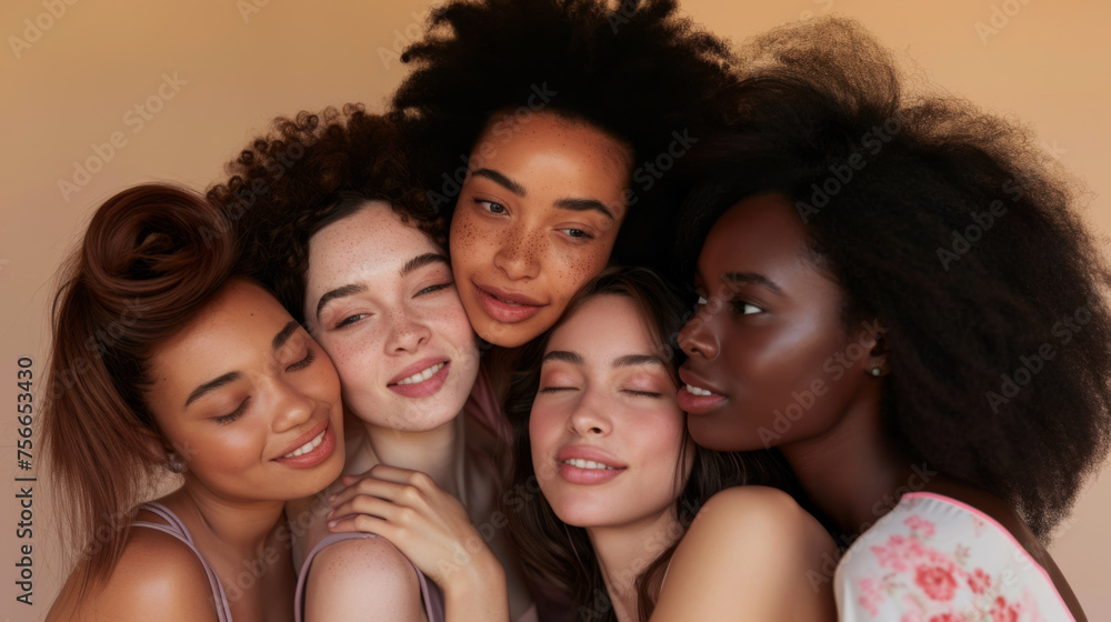 Obraz premium diverse group of five joyful young women are tightly huddled together