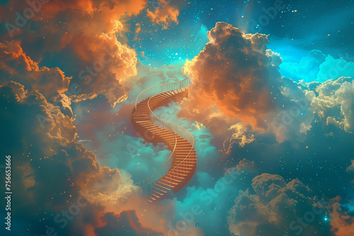 A surreal image featuring a spiral staircase ascending through vibrant clouds, with hues of blue and orange casting an ethereal glow. The sky swirls around the staircase © mankjon