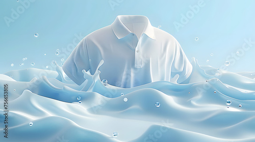 cleaning clothes washing machine or detergent liquid commercial advertisement style with floating shirt and dress underwater with bubbles and wet splashes laundry work as banner design with copy space photo