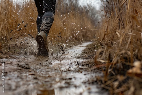 Run through mud and puddles. cross-country running. feet in sneakers close-up. sport