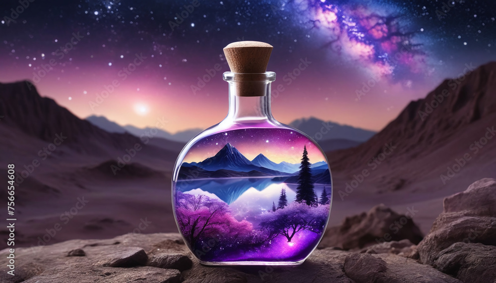bottle filled with cosmos and mountains bottle filled with cosmos and mountains