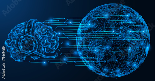 Artificial intelligence is connected to a global network. The brain is wearing headphones with a microphone in front of planet Earth. Polygonal design of interconnected lines and dots.