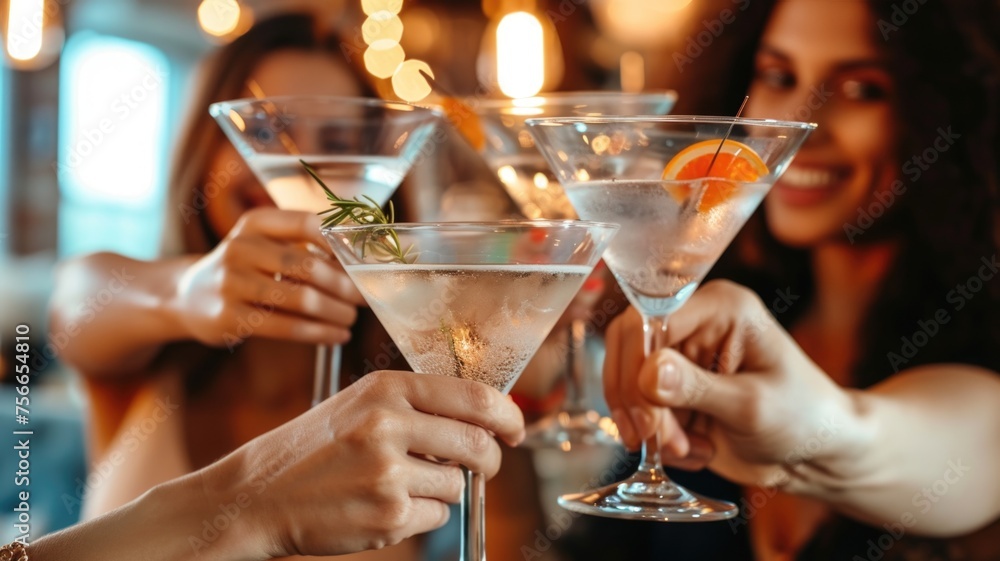 Friends toasting with martinis in a chic and lively cocktail lounge Friends toasting with martinis in a chic and lively cocktail lounge