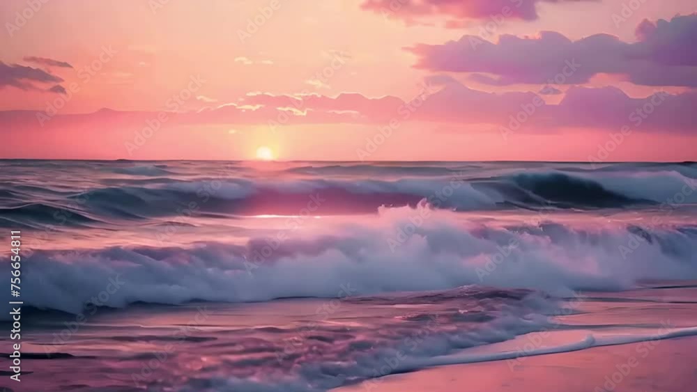 A pink sunset over the ocean with crashing waves, beautiful, dreamy, romantic, calming A pink sunset over the ocean with crashing waves, beautiful, dreamy, romantic, calming