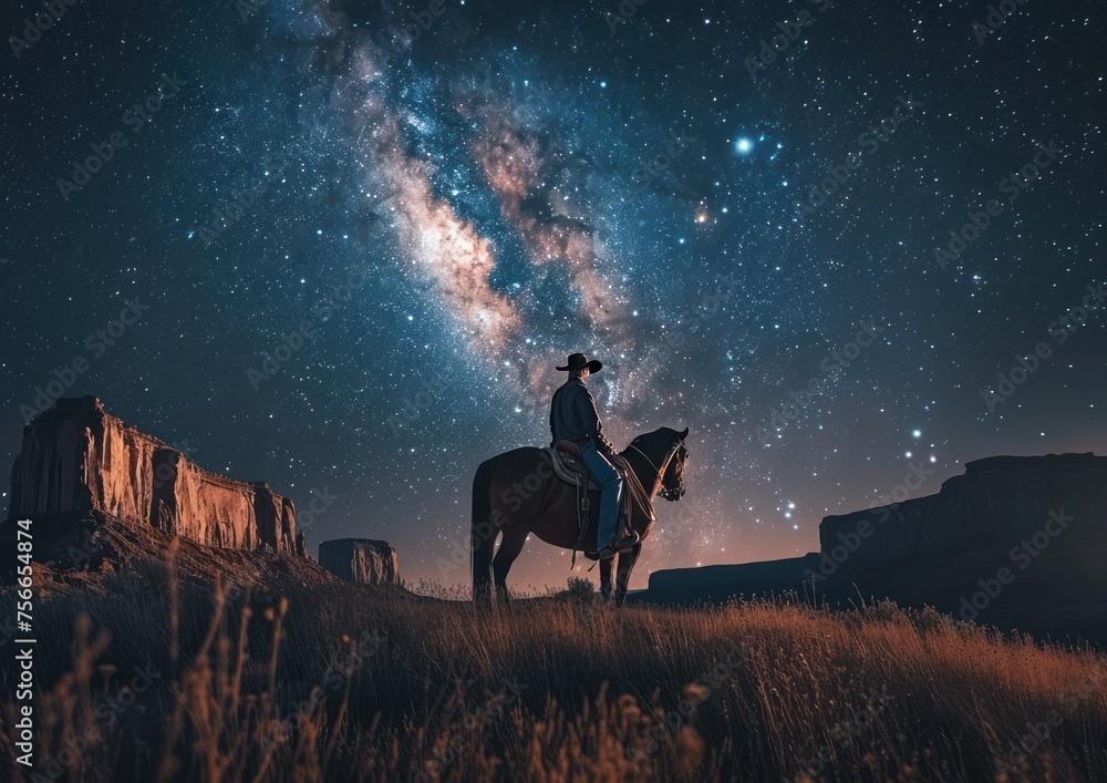 Western cowboy riding his horse in the desert with a stunning backdrop of the milky way galaxy