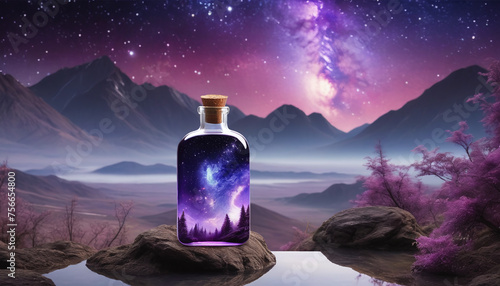 bottle filled with cosmos and mountains