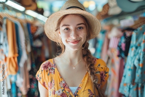 Fashionable female retailer organizing clothing rack in boutique