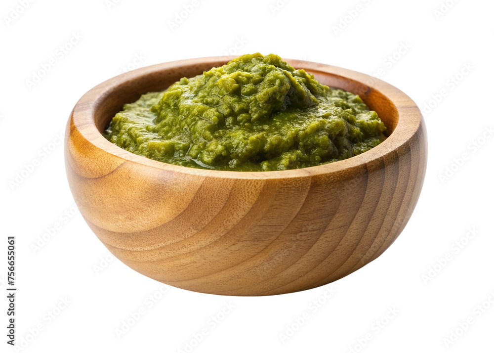 Pesto sauce in a wooden bowl isolated on a transparent background. Pesto sauce in a wooden bowl isolated on a transparent background.