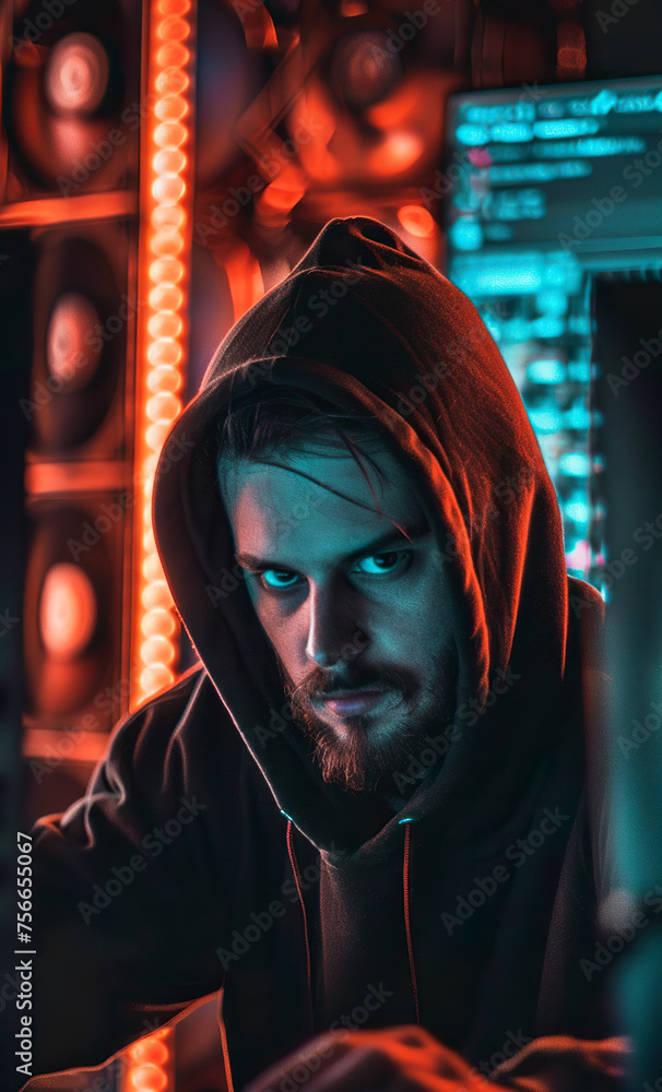 Portrait of a man in criminal style with a serious and determined expression with piercing eyes of mystery. Confident stance cyber security criminal. Portrait of a man in criminal style with a serious and determined expression with piercing eyes of mystery. Confident stance cyber security criminal.