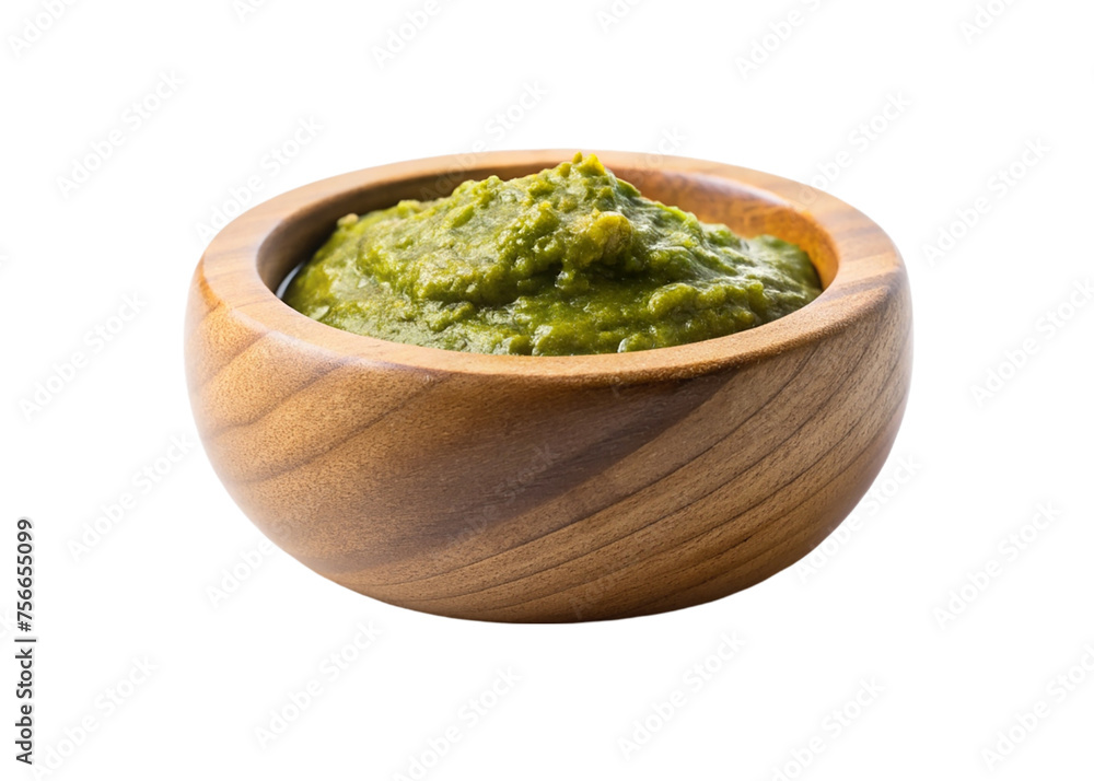 Pesto sauce in a wooden bowl isolated on a transparent background. Pesto sauce in a wooden bowl isolated on a transparent background.