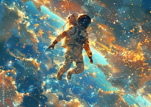 Astronaut floating in space against a background of cosmic dust. wallpaper
