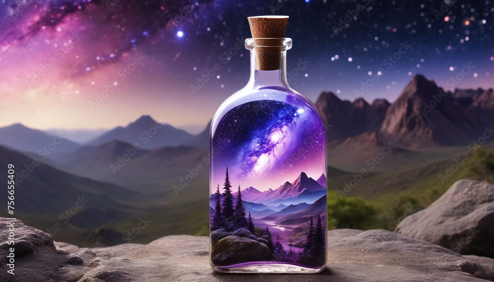 bottle filled with cosmos and mountains bottle filled with cosmos and mountains
