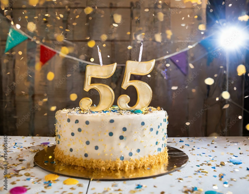 55 Geburtstag Feier, Party, Konfetti Torte  - obrazy, fototapety, plakaty 